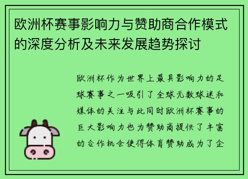 欧洲杯赛事影响力与赞助商合作模式的深度分析及未来发展趋势探讨